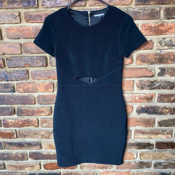 Express Black Ribbed Knit Keyhole Waist Short Sleeve Mini Dress Women's Size XS - Picture 1 of 5